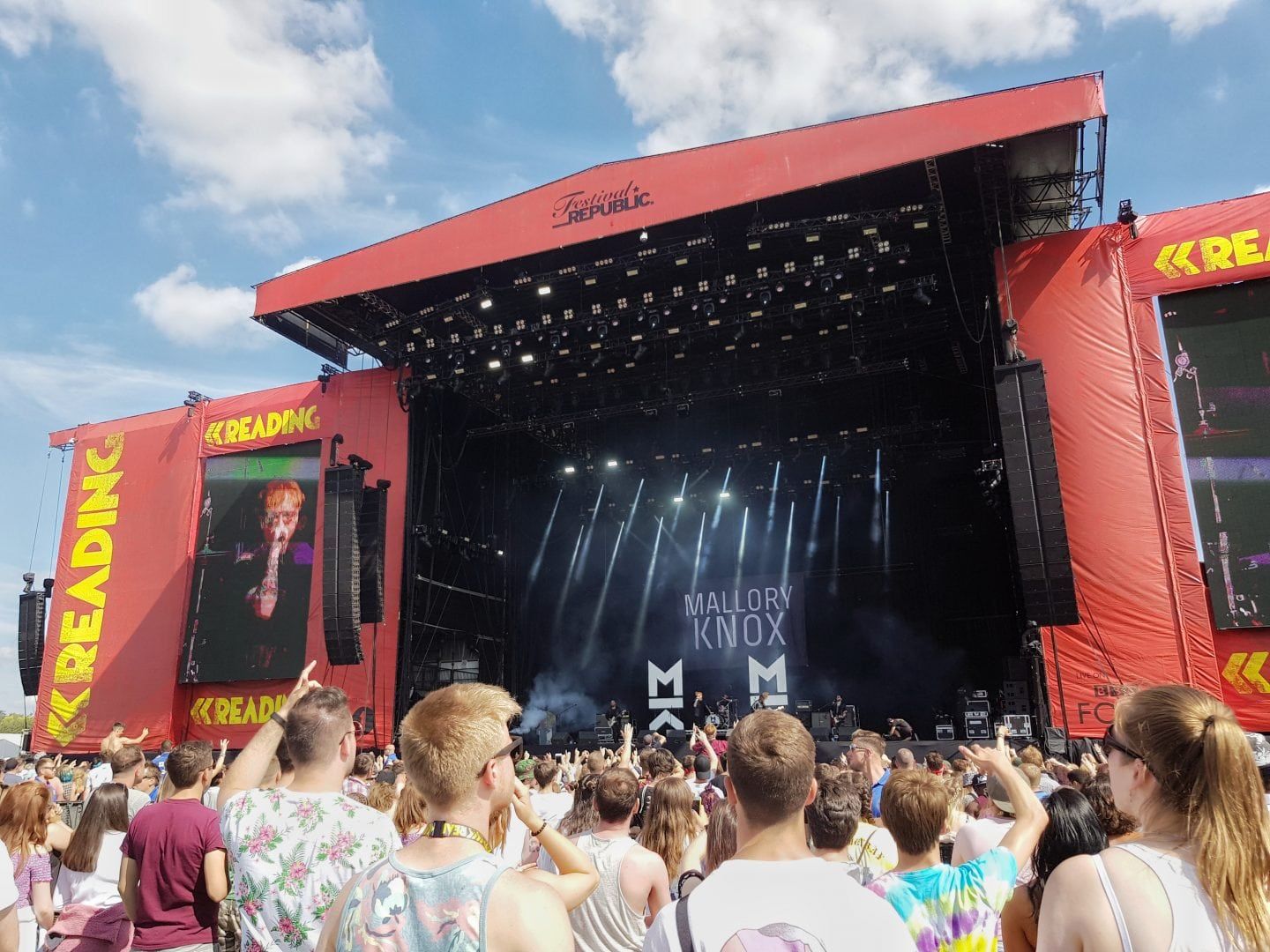 Red stage set up at Main Stage, Mallory Knox performing.