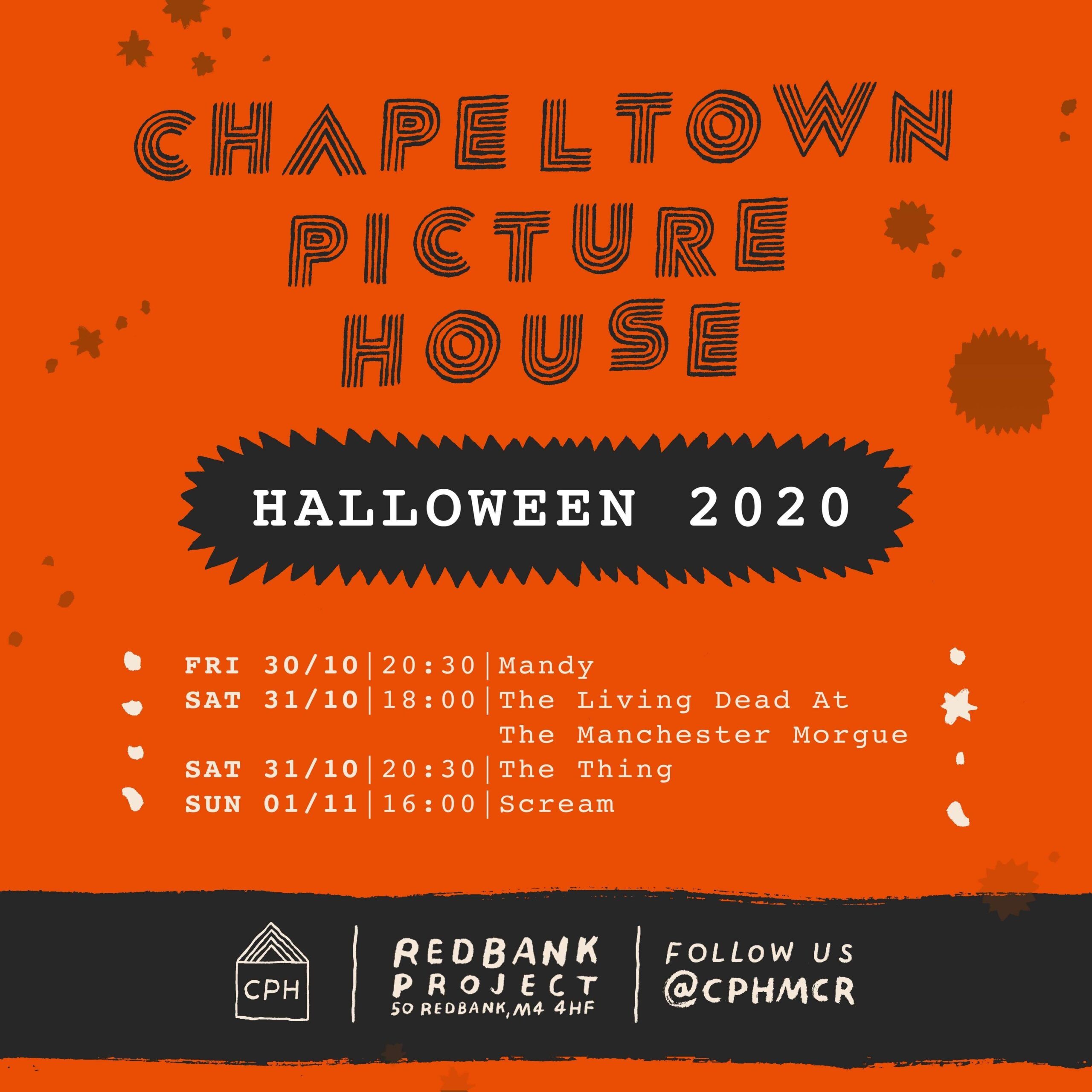Orange background featuring a halloween screening schedule