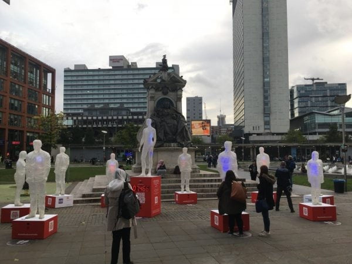 A new installation is in Piccadilly Gardens to raise awareness of blood cancer