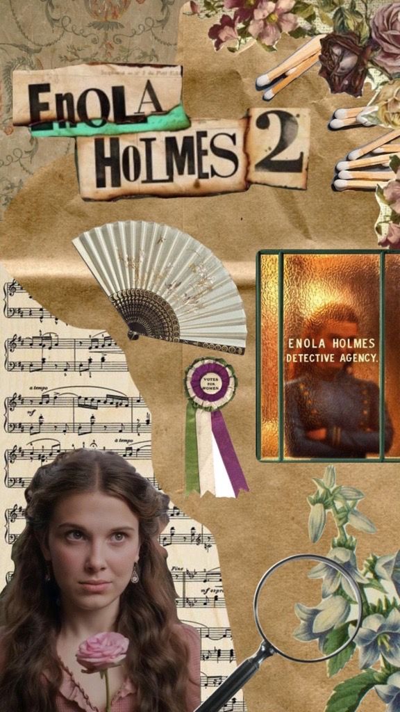 Collage with Enola Holmes, a fan, flowers, a rosette saying Votes for Women and a sheet of music