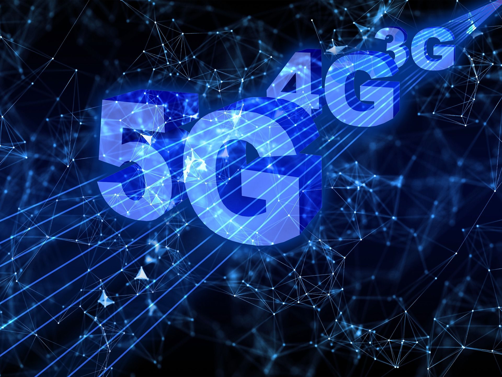 Black background showing 5G, 4G and 3G words appearing as a blue beam