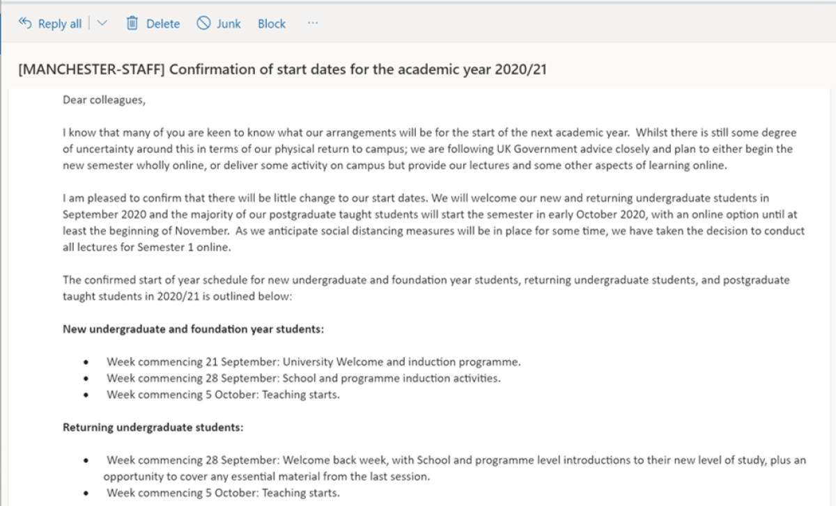 University of Manchester confirms September start date
