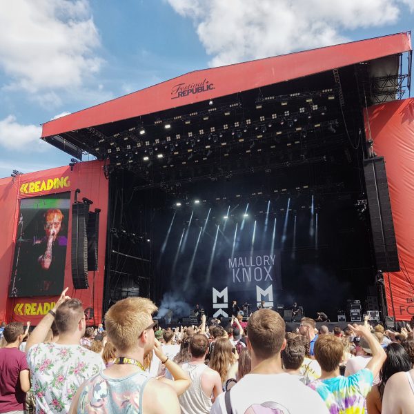 Red stage set up at Main Stage, Mallory Knox performing.