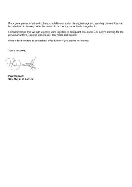 Letter from the Mayor of Salford, Paul Dennett, to “a person of means”.