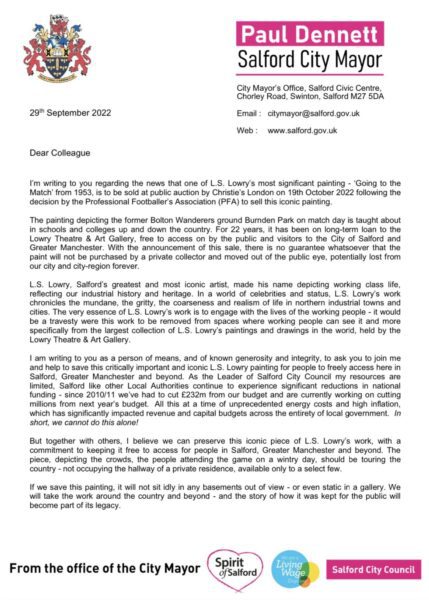 Letter from the Mayor of Salford calling for the continued public display of “Going to the Match”.