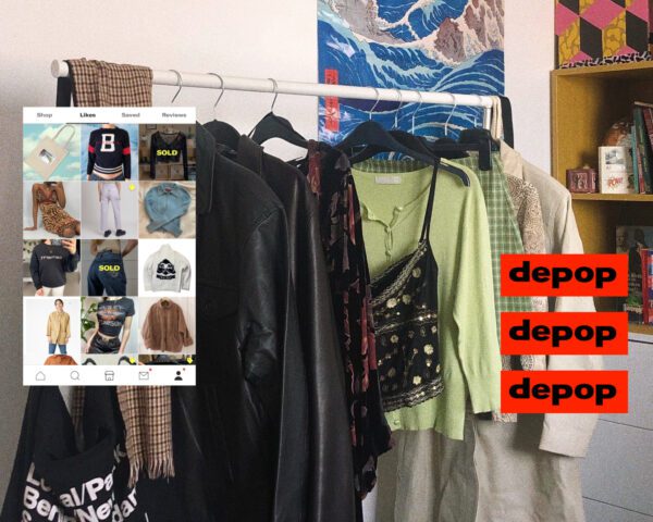 depop secondhand clothing rail and Instagram feed collage