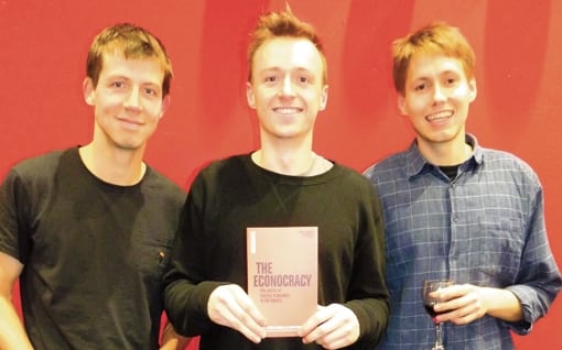 Joe Earle, Cahal Moran and Zach Ward-Perkins, with their book, The Econocracy. Photo: Post-Crash Economics Society
