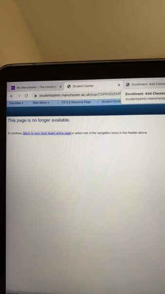 Page unavailable on Manchester university's student system