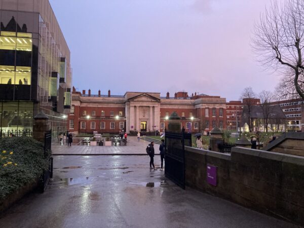 Picture of the Manchester University new quad looking directly at the Samuel Alexander building