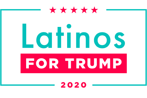 Latinos for Trump 2020 is written in green and pink writing on a white background. There are pink stars at the top of the page, and a green border surrounding the text. For Trump is highlighted in a pink box.