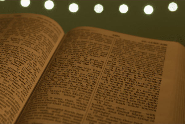 A close up focus of a book with warm string lighting in the background.