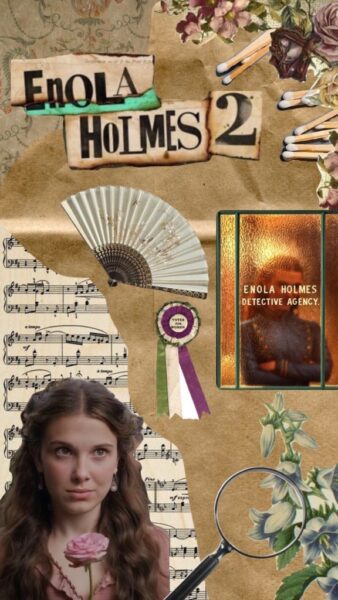 Collage with Enola Holmes, a fan, flowers, a rosette saying Votes for Women and a sheet of music