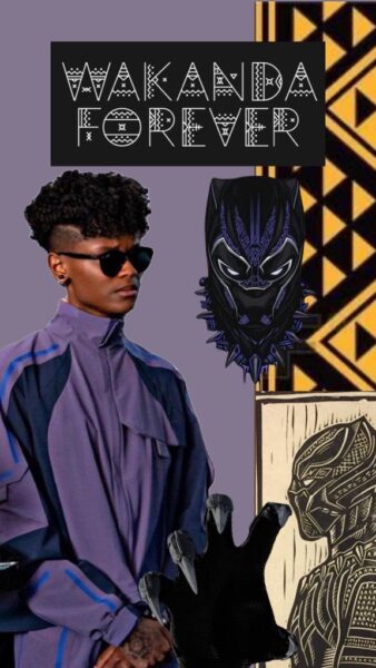 Collage with purple background with Shuri, Wakanda Forever and photos of the Black Panther Outfit