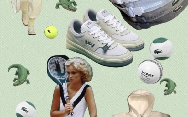 A digital collage with a pale green background and photos of various Lacoste models, clothing items, tennis balls and crocodile emojis