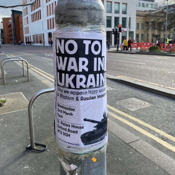 Poster promoting an anti-war demonstration in Manchester.
