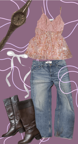 Purple back ground blue baggy jeans with a pink lace and floral top. Brown knee high boots, white ribbon bow and a watch.