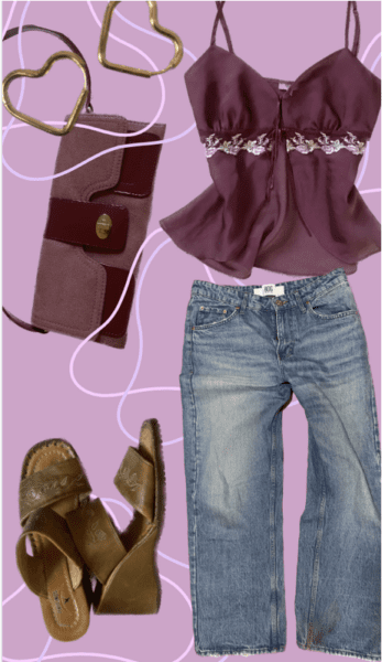 Pink background with light pink swirly lines. Blue baggy jeans with a dark pink cami top, brown wedge heals, pink shoulder bag and gold heart shaped earrings.