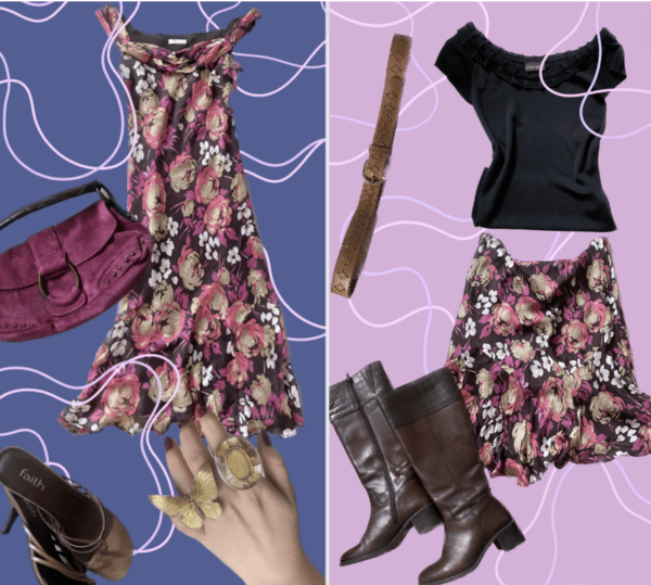 Left - blue background with pink swirly lines. Pink floral maxi dress, pink shoulder bag, brown kitten heals, a hand wearing two large gold rings Right - Pink background with pink swirly lines, black off the shoulder top, floral pink maxi skirt, knee high