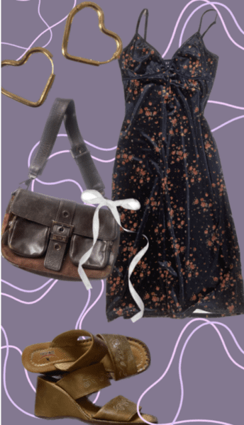 Purple background with pink swirly lines, black maxi dress with small red flowers on it, brown leather bag, brown wedge heals, white bow and gold heart shaped earrings