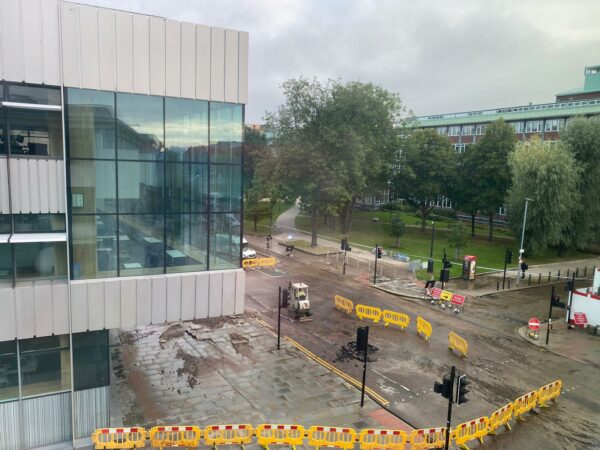 Flooding on Oxford Road at the University of Manchester