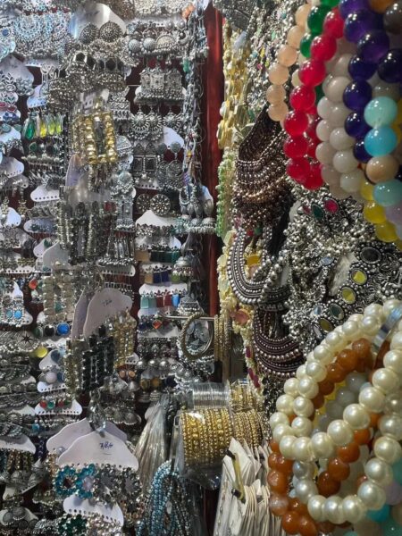 A close-up picture of some of the jhumkas available at a local stall, Colaba Causeway