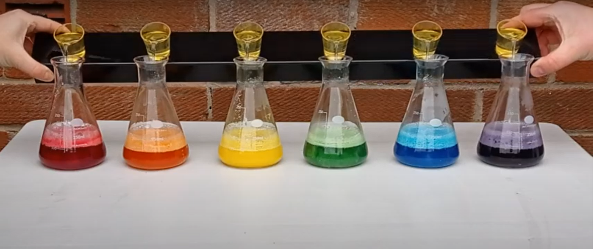 This image shows six chemistry flasks containing red, orange, yellow, green, blue and purple liquid. Into the flasks, hydrogen peroxide is being poured in by shot glasses.