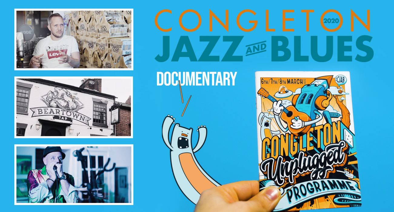 Poster graphic for congleton jazz and blues festival depicted amongst filmic shots