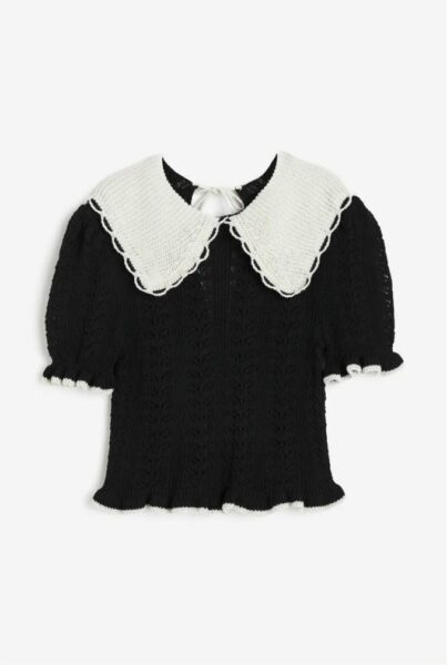 A black crochet shirt with a white Peter Pan collar for 2024 trends