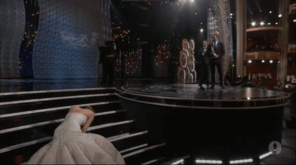 photo of Jennifer Lawrence falling over the steps at the 85th Oscars