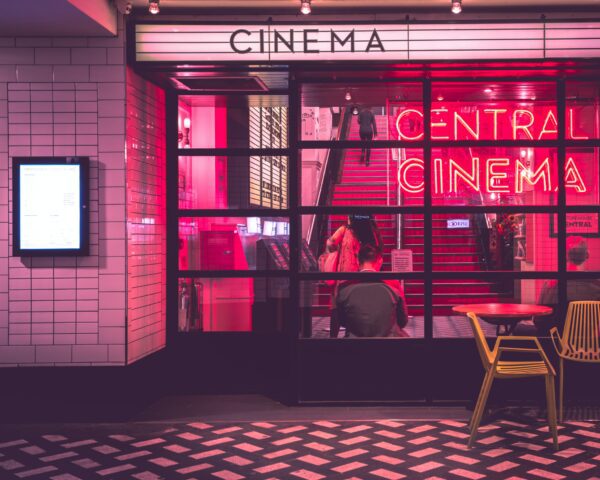 A cinema at night with red lighting