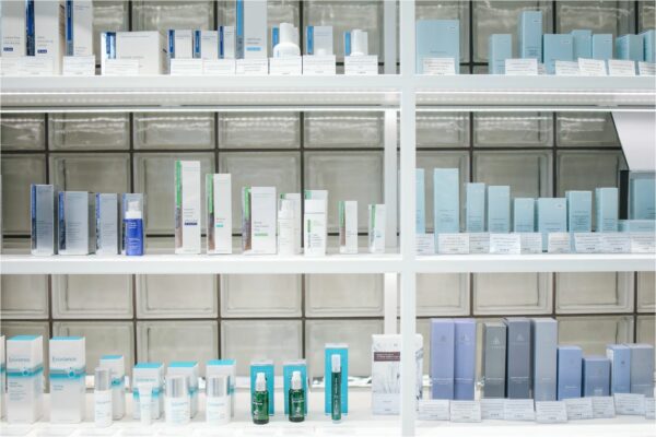 Skincare products on a pharmacy shelf