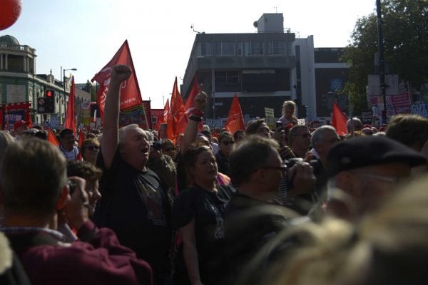 Thousands of people marched from the University to Castlefield in protest at the staging of the Conservative party conference. Photo: Daniel Saville